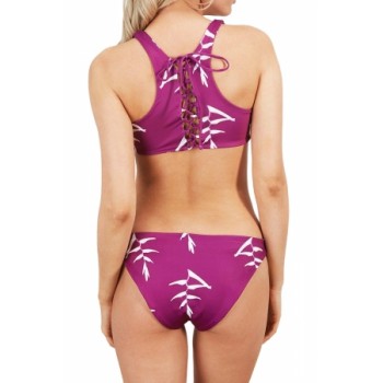 Fuchsia Print Lace up Racerback Bikini